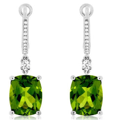 5.75CT DIAMOND & AAA PERIDOT 14KT WHITE GOLD CUSHION & ROUND LEVERBACK EARRINGS