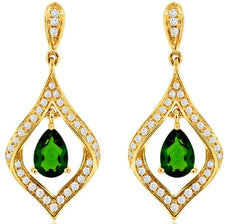 1.19CT DIAMOND & AAA RUSSALITE 14KT YELLOW GOLD PEAR SHAPE & ROUND LEAF EARRINGS