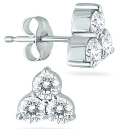 1.0CT DIAMOND 14KT WHITE GOLD 3D ROUND 3 STONE TRIANGULAR FLOWER STUD EARRINGS