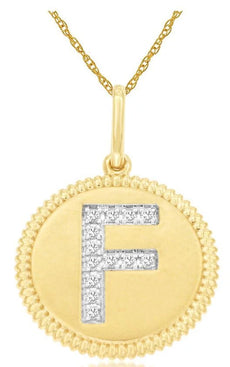 .06CT DIAMOND 14K 2 TONE GOLD F INITIAL ROUND MATTE & SHINY FUN FLOATING PENDANT