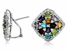 5.26CT DIAMOND & AAA MULTI GEM 14KT WHITE GOLD 3D FLOWER SQUARE CLIP ON EARRINGS