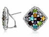 5.26CT DIAMOND & AAA MULTI GEM 14KT WHITE GOLD 3D FLOWER SQUARE CLIP ON EARRINGS