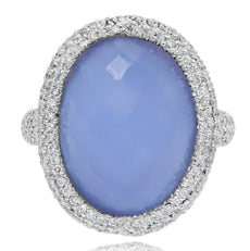 LARGE 16.98CT DIAMOND & AAA CHALCEDONY 14KT WHITE GOLD 3D OVAL & ROUND HALO RING
