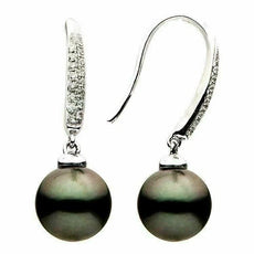 ESTATE .12CT DIAMOND & AAA TAHITIAN PEARL 18KT WHITE GOLD 3D LEVEBACK EARRINGS