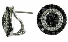 1.92CT WHITE & BLACK DIAMOND 14KT WHITE GOLD 3D CLUSTER FLOWER CLIP ON EARRINGS