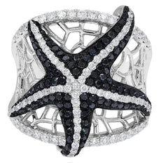 EXTRA LARGE 1.56CT WHITE & BLACK DIAMOND 14KT WHITE GOLD LUCKY STARFISH FUN RING