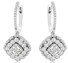 1.53CT DIAMOND 14KT WHITE GOLD ROUND PRINCESS & BAGUETTE FLOWER HANGING EARRINGS