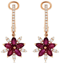 2.01CT DIAMOND & AAA RUBY 14KT ROSE GOLD 3D MARQUISE FLOWER FUN HANGING EARRINGS