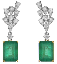 14.93CT DIAMOND & AAA EMERALD 18K 2 TONE GOLD SQUARE & ROUND MULTI LEAF EARRINGS