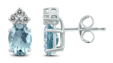 ESTATE .60CT DIAMOND & AAA AQUAMARINE 14KT WHITE GOLD OVAL & ROUND STUD EARRINGS