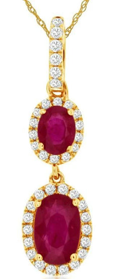 .92CT DIAMOND & AAA RUBY 14KT YELLOW GOLD 3D OVAL & ROUND FLOWER CLASSIC PENDANT