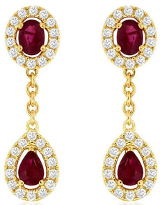 1.06CT DIAMOND & AAA RUBY 14KT YELLOW GOLD 3D OVAL PEAR SHAPE & ROUND EARRINGS