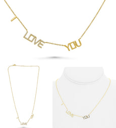 .12CT DIAMOND 14KT YELLOW GOLD 3D I LOVE YOU BY THE YARD ADJUSTABLE FUN NECKLACE