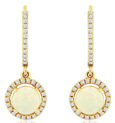 1.26CT DIAMOND & AAA OPAL 14KT YELLOW GOLD 3D ROUND HALO FLOWER HANGING EARRINGS