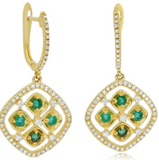 .79CT DIAMOND & AAA EMERALD 14KT YELLOW GOLD 3D FILIGREE FLORAL SQUARE EARRINGS