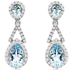 ESTATE 1.95CT DIAMOND & AAA AQUAMARINE 14K WHITE GOLD TEAR DROP HANGING EARRINGS