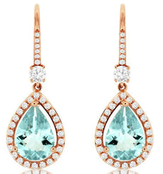 3.76CT DIAMOND & AAA AQUAMARINE 14KT ROSE GOLD PEAR SHAPE & ROUND HALO EARRINGS