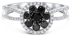 .94CT WHITE & BLACK DIAMOND 14KT WHITE GOLD 3D CLASSIC FLOWER CIRCULAR LOVE RING