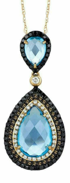 5.29CT WHITE & CHOCOLATE FANCY DIAMOND & AAA BLUE TOPAZ 14KT YELLOW GOLD PENDANT