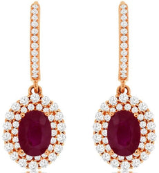 2.65CT DIAMOND & AAA RUBY 14K ROSE GOLD OVAL & ROUND DOUBLE HALO FLOWER EARRINGS
