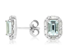 1.17CT DIAMOND & AAA AQUAMARINE 14K WHITE GOLD EMERALD CUT & ROUND STUD EARRINGS