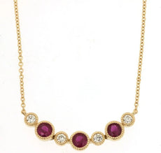 0.46CT DIAMOND & AAA RUBY 14KT YELLOW GOLD 7 STONE ROUND FILIGREE LOVE NECKLACE