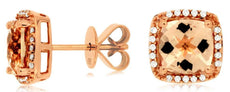 2.76CT DIAMOND & AAA MORGANITE 14KT ROSE GOLD CUSHION & ROUND HALO STUD EARRINGS