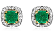 LARGE 7.79CT DIAMOND & AAA EMERALD 18KT 2 TONE GOLD SQUARE & ROUND STUD EARRINGS