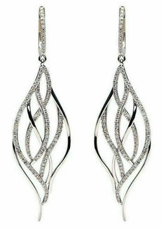 ESTATE .82CT DIAMOND 18KT WHITE GOLD 3D CLASSIC TEAR DROP LOVE HANGING EARRINGS