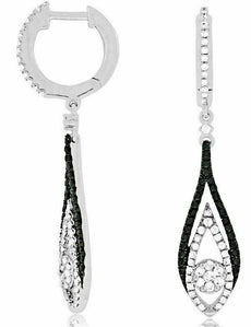 .78CT WHITE & BLACK DIAMOND 14KT WHITE GOLD 3D TEAR DROP FLOWER HANGING EARRINGS
