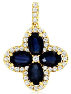 2.90CT DIAMOND & AAA SAPPHIRE 14K YELLOW GOLD OVAL & ROUND 4 LEAF CLOVER PENDANT