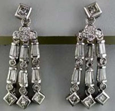 ESTATE .78CT DIAMOND 14KT WHITE GOLD ROUND BAGUETTE & PRINCESS HANGING EARRINGS