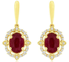 1.96CT DIAMOND & AAA RUBY 14KT YELLOW GOLD OVAL & ROUND FLORAL HANGING EARRINGS