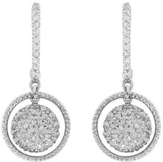 ESTATE .40CT DIAMOND 14KT WHITE GOLD 3D CLUSTER FLOWER CIRCULAR HANGING EARRINGS