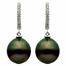ESTATE .11CT DIAMOND & AAA TAHITIAN PEARL 14K WHITE GOLD 3D FUN HANGING EARRINGS