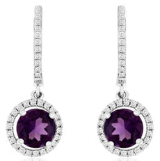 1.76CT DIAMOND & AAA AMETHYST 14K WHITE GOLD ROUND HALO CLASSIC HANGING EARRINGS