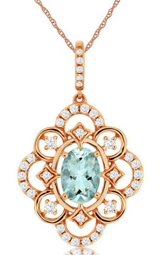 .90CT DIAMOND & AAA AQUAMARINE 14KT ROSE GOLD OVAL OPEN FILIGREE FLOWER PENDANT