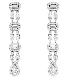 1.12CT DIAMOND 14KT WHITE GOLD 3D ROUND & BAGUETTE CHANDELIER HANGING EARRINGS