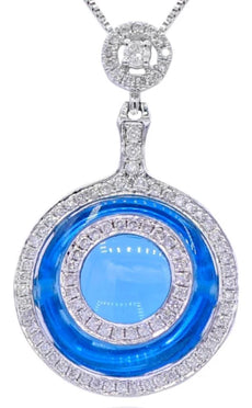 8.34CT DIAMOND & AAA BLUE TOPAZ 14KT WHITE GOLD CIRCULAR FLOWER FLOATING PENDANT