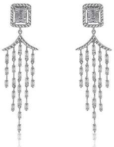 1.31CT DIAMOND 14KT WHITE GOLD 3D ROUND & BAGUETTE CHANDELIER HANGING EARRINGS