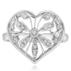 .11CT DIAMOND 14KT WHITE GOLD 3D OPEN FILIGREE HEART SHAPE BUTTERFLY LOVE RING