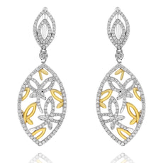 LARGE 1.54CT DIAMOND 18KT 2 TONE GOLD BUTTERFLY TEAR DROP LOVE HANGING EARRINGS