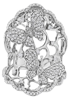LARGE .95CT DIAMOND 14KT WHITE GOLD 3D MULTI HEART DOUBLE BUTTERFLY LOVE RING
