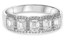ESTATE 1.17CT DIAMOND PLATINUM ROUND & EMERALD CUT 5 STONE HALO ANNIVERSARY RING
