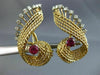 ANTIQUE LARGE 2.60CT DIAMOND & AAA RUBY 18K 2 TONE GOLD 3D LEAF CLIP ON EARRINGS