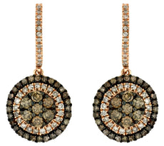 1.49CT WHITE & CHOCOLATE FANCY DIAMOND 14KT ROSE GOLD 3D FLOWER HANGING EARRINGS