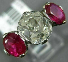 ANTIQUE 3.51CT OLD MINE DIAMOND & AAA RUBY PLATINUM THREE STONE ENGAGEMENT RING