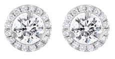 ESTATE 1.55CT DIAMOND 18KT WHITE GOLD ROUND CLASSIC SOLITAIRE HALO STUD EARRINGS