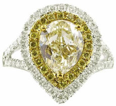 EXTRA LARGE 3.56CT WHITE & FANCY YELLOW DIAMOND 18K 2 TONE GOLD DOUBLE HALO RING