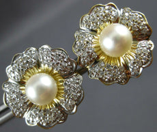 LARGE 1.05CT DIAMOND & AAA SOUTH SEA PEARL 14KT 2 TONE GOLD 3D FLOWER EARRINGS